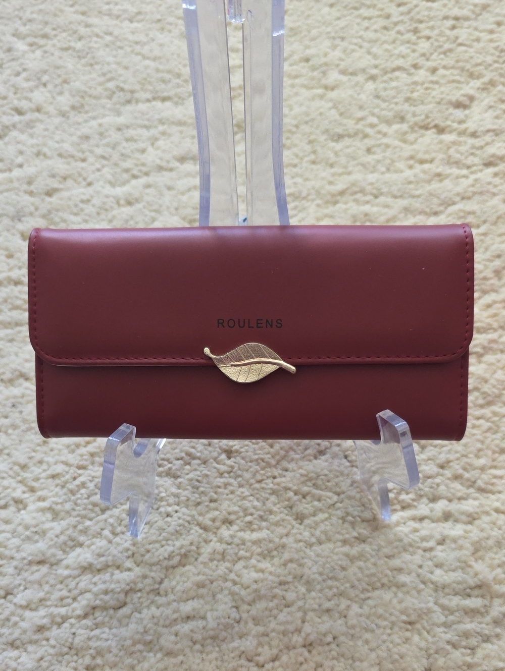 NWOT: Roulens Burgundy Wallet with Gold Leaf Accented Closure